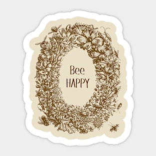 Floral Wreath with Bees and Text: Bee Happy Sticker
